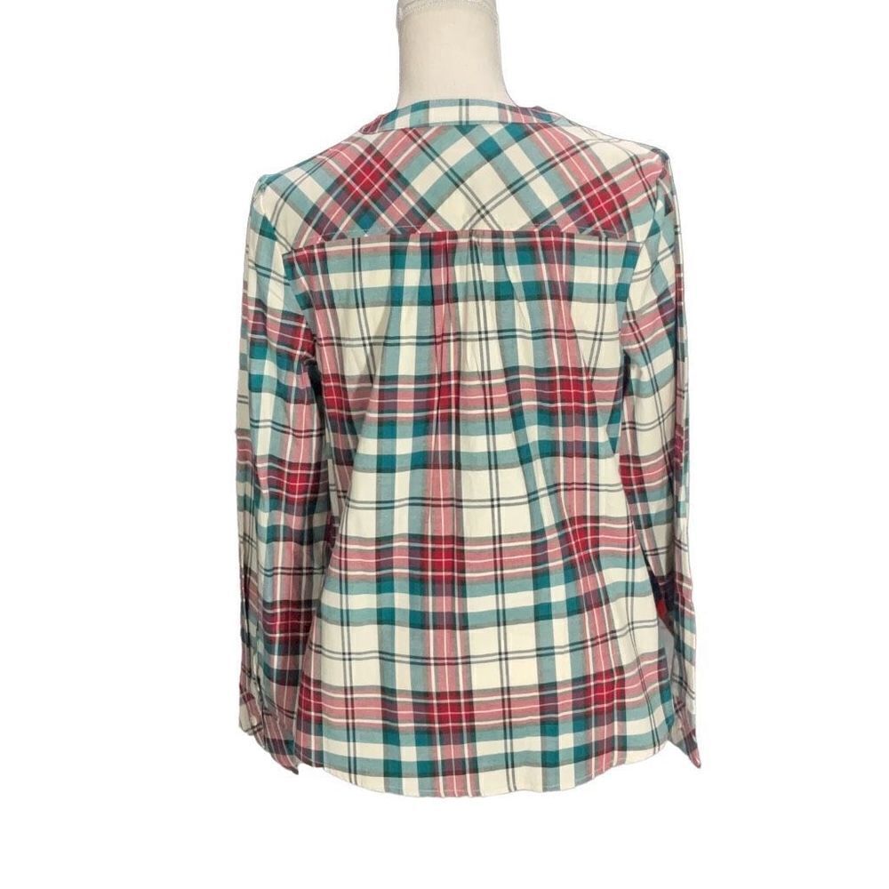 denim & co. Red Green Plaid Henley Flannel Embroidered Long Sleeve Top Size S - Picture 3 of 7